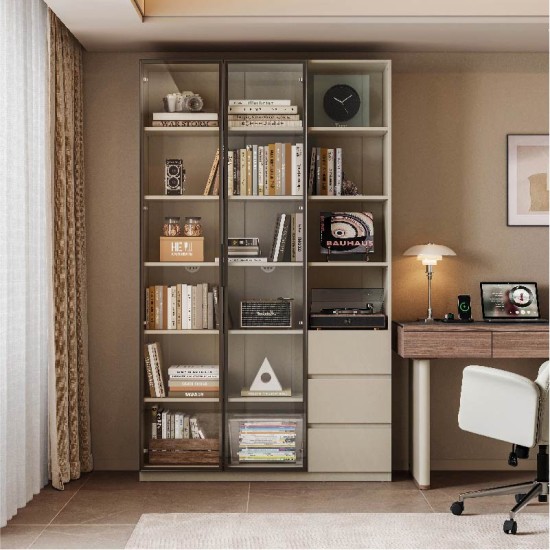 Radia Book Rack with Glass Doors and Drawers (1.20m)